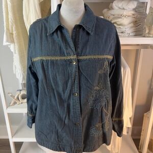Susan Bristol women's size 2X denim button down top, embroidered. #1849